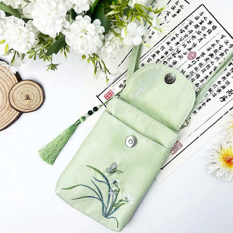 Buddha Stones Small Embroidered Flowers Crossbody Bag Shoulder Bag Double Layer Cellphone Bag