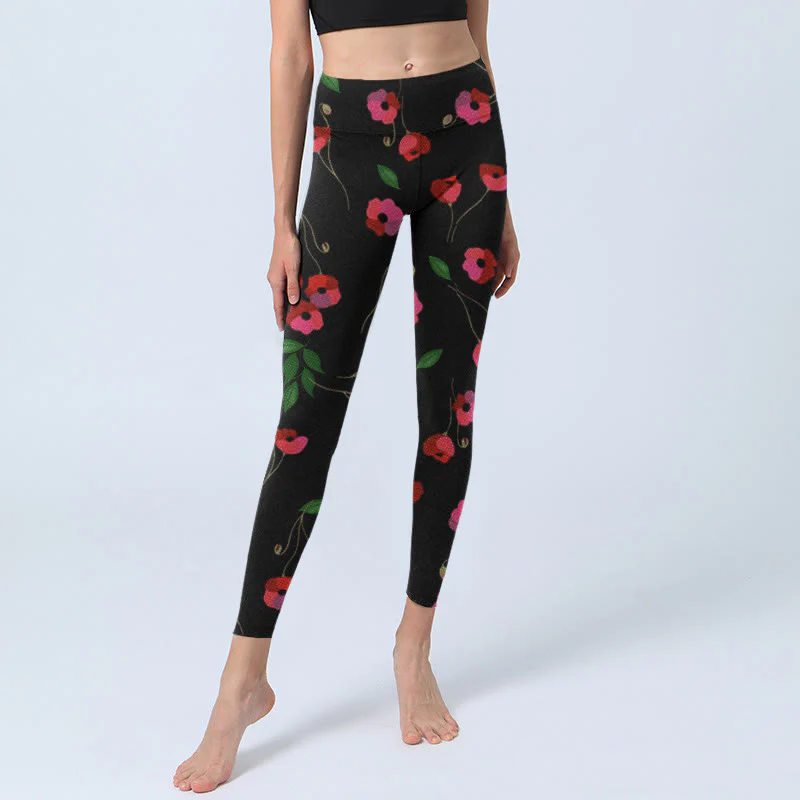 Buddha Stones Vibrant Red Flowers Green Leaves Print Gym Leggings Women's Yoga Pants
