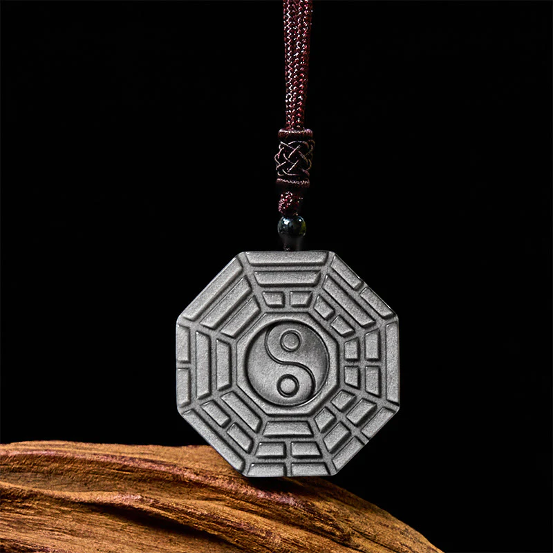 Buddha Stones Silver Sheen Obsidian Bagua Yin Yang Symbol Protection Necklace Pendant