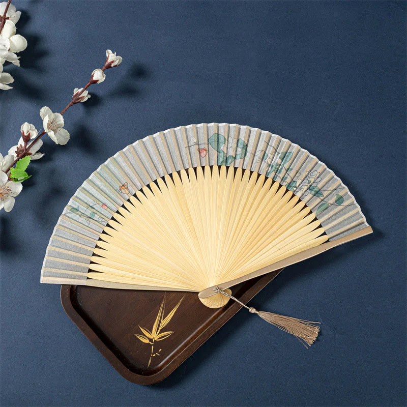 Buddha Stones Lotus Begonia Flower Jasmine Handheld Bamboo Folding Fan 21cm