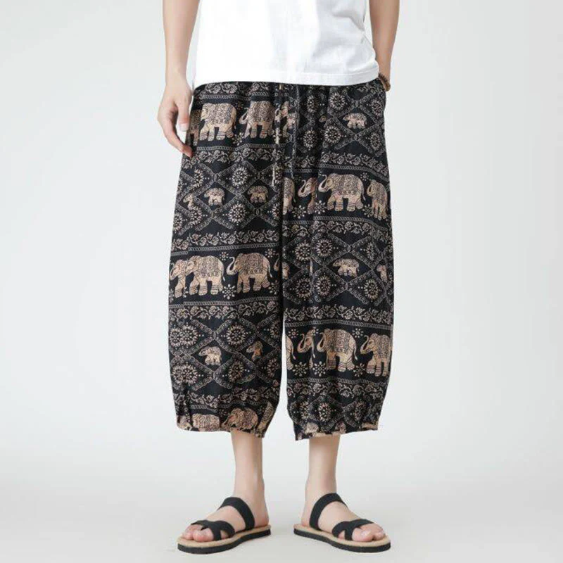 Buddha Stones Summer Square Patchwork Elephant Mandala Geometry Cotton Linen Men's 7-8 Length Pants With Pockets