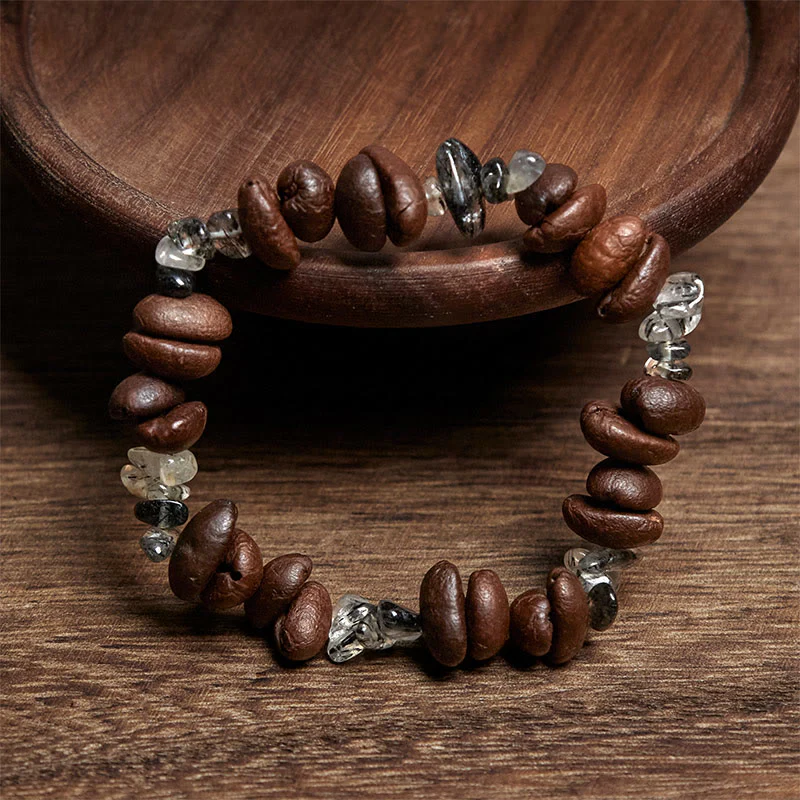 Buddha Stones Natural Coffee Beans Black Obsidian Rutilated Quartz Strength Bracelet