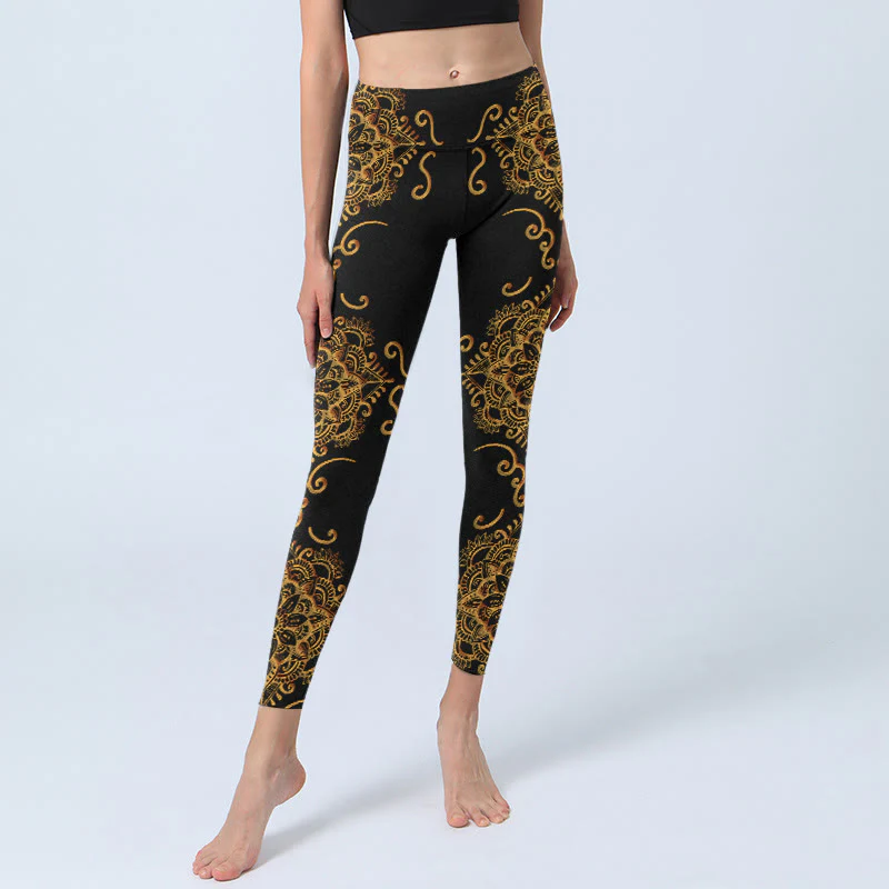 Buddha Stones Golden Mandala Flowers Print Gym Leggings Women's Yoga Pants