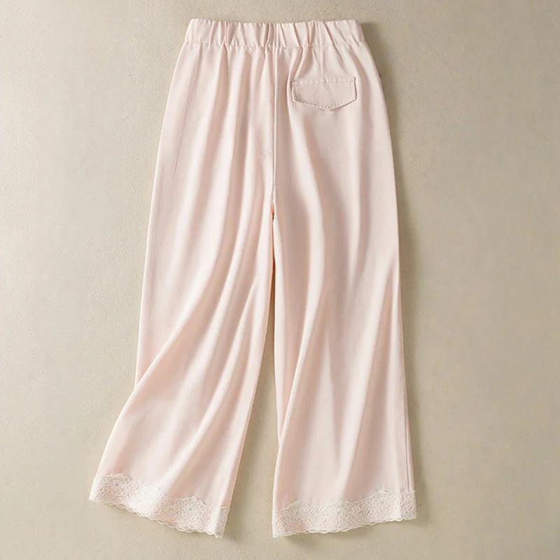 Buddha Stones Casual Lace Patchwork Design High Waist Women's Wide Leg Ankle-Length Pants With Pockets Zipper