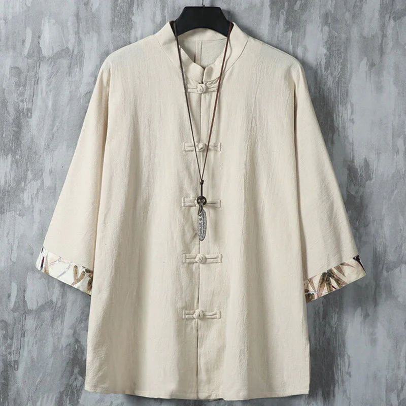 Buddha Stones Summer Plain Chinese Frog-button Patchwork Design Cotton Linen Men's Shirt Jacket