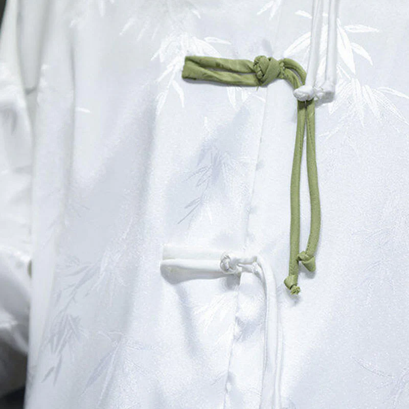 Buddha Stones Jacquard Bamboo Pattern Chinese Frog-Button Stand Collar Tang Suit Men's Cotton Shirt