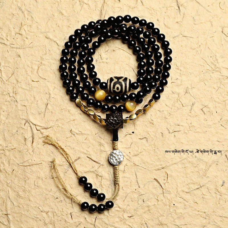 Buddha Stones Tibetan 108 Mala Beads Black Onyx Three-eyed Dzi Beads Protection Bracelet