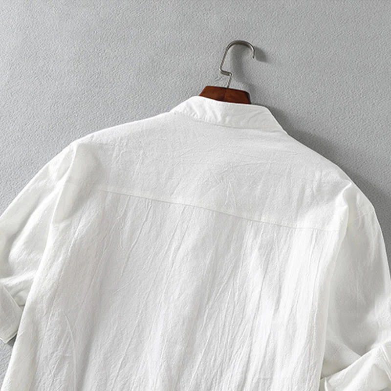 Buddha Stones Summer Solid Men's Buttons Half Sleeve Cotton Linen Shirt