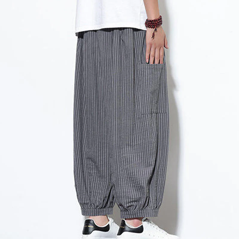 Buddha Stones Casual Striped Men's Cotton 7-8 Length Harem Pants With Pockets