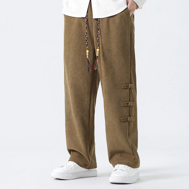 Buddha Stones Plain Chinese Frog-Button Design Drawstring Men's Corduroy Pants With Pockets