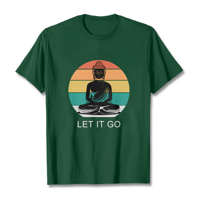 Buddha Stones Casual Colorful Striped Background Meditating Buddha Pattern Cotton Tee T-Shirt
