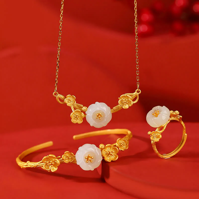 Buddha Stones 925 Sterling Silver Plated Gold Hetian Jade Plum Blossom Luck Necklace Pendant Bracelet Bangle Ring
