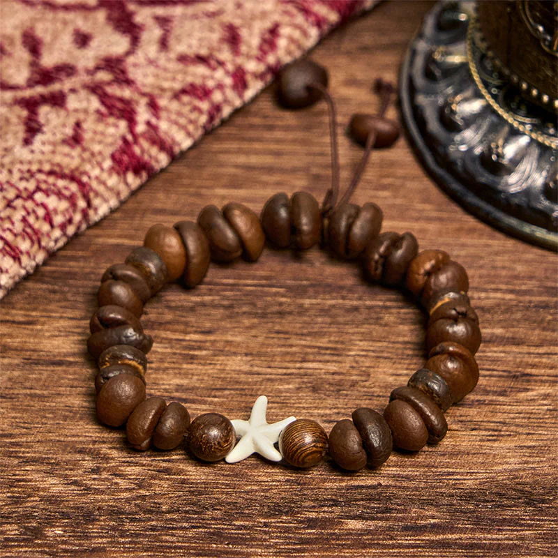 Buddha Stones Handmade Natural Coffee Beans Wood Beads Starfish Bracelet