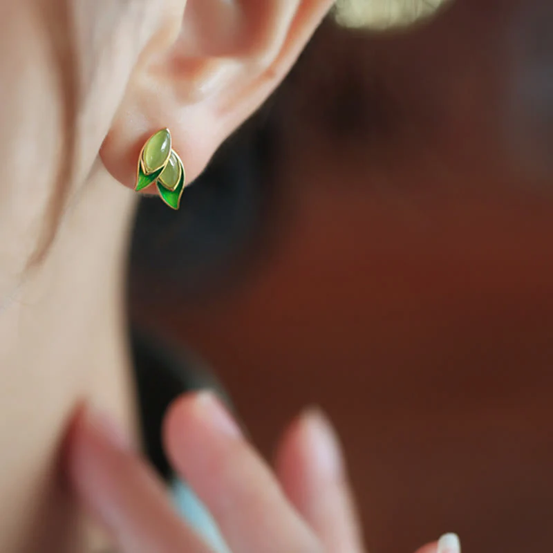 Buddha Stones 925 Sterling Silver Jade Leaf Prosperity Earrings