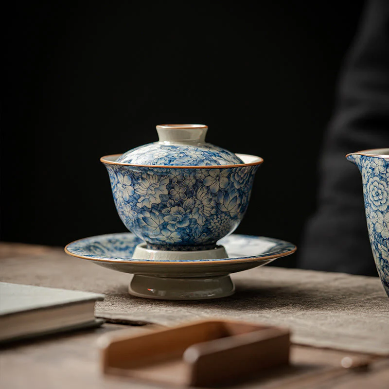 Buddha Stones Vintage Blue And White Porcelain Peach Blossom Lotus Peony Ceramic Gaiwan Sancai Teacup Kung Fu Tea Cup And Saucer With Lid