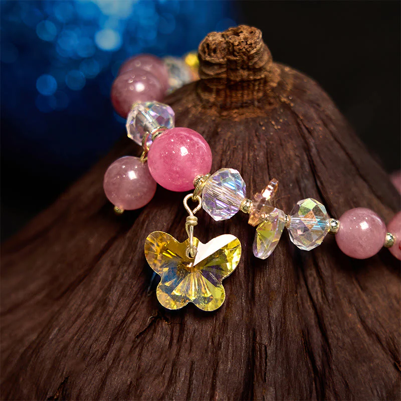 Buddha Stones Strawberry Quartz White Crystal Pink Crystal Butterfly Love Bracelet