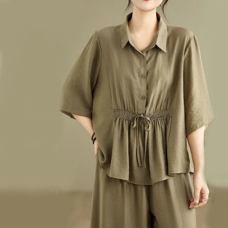 Buddha Stones 2pcs Casual Women's Stand Collar Shirt Loose Pants Meditation Clothing Set