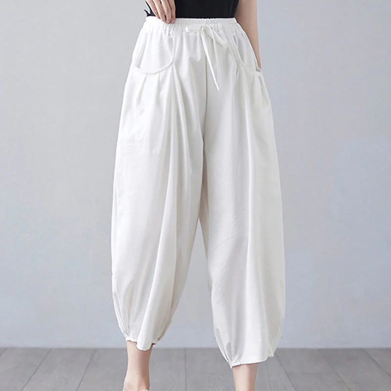 Buddha Stones Summer Plain Cropped Pants Women's Cotton Linen Harem Pants With Pockets