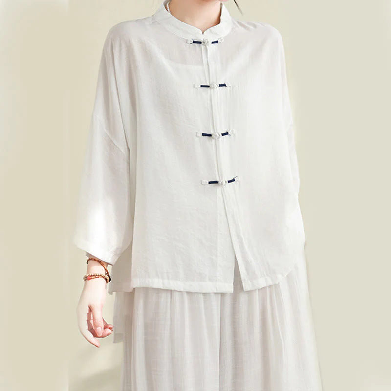 Buddha Stones 2pcs Casual Women's Frog Button Shirt Loose Pants Meditation Clothing Set