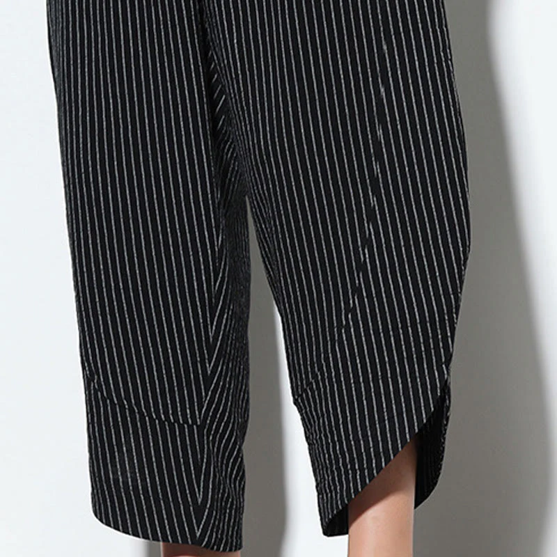 Buddha Stones Summer Stripes Pattern Drawstring Cotton Linen Men's 7-8 Length Harem Pants With Pockets