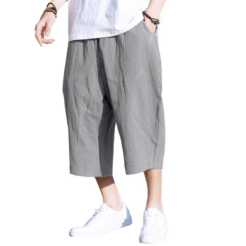 Buddha Stones Summer Plain Pleat Design Drawstring Men's 7-8 Length Cotton Linen Pants With Pockets