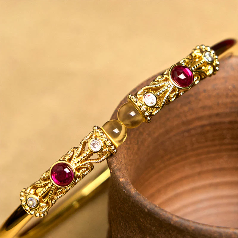 Buddha Stones Golden Flower Pattern Red Zircon Amber Copper Luck Cuff Bracelet Bangle