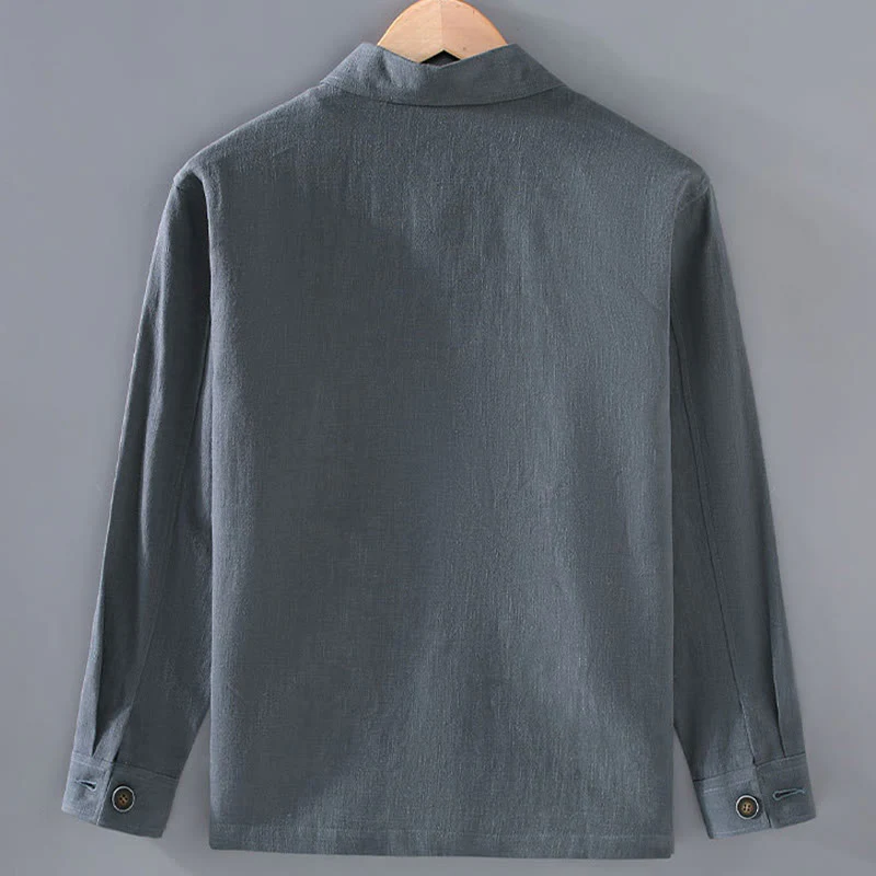 Buddha Stones Casual Plain Long Sleeve Button Lapel  Design Men's Ramie Linen Jacket With Pockets