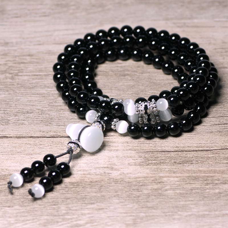 Buddha Stones Black Onyx White Crystal Bead Meditation Bracelet