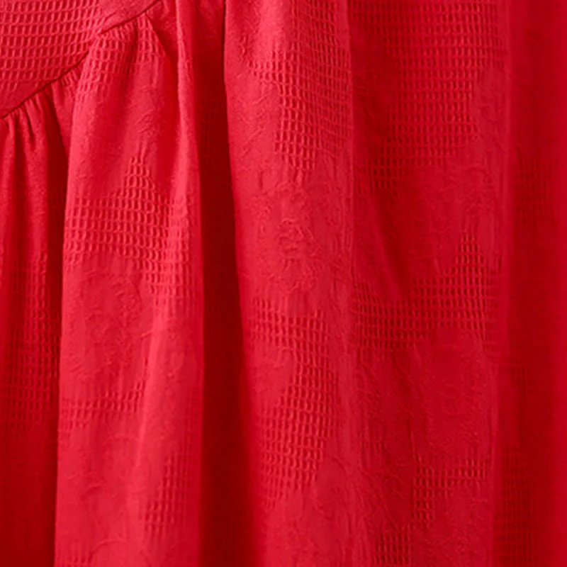 Buddha Stones Plain Jacquard Flower Irregular Design Cotton Linen Midi Dress With Pockets