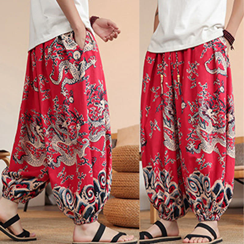 Buddha Stones Dragon Print Cotton Men's Harem Ankle-Length Pants With Pockets