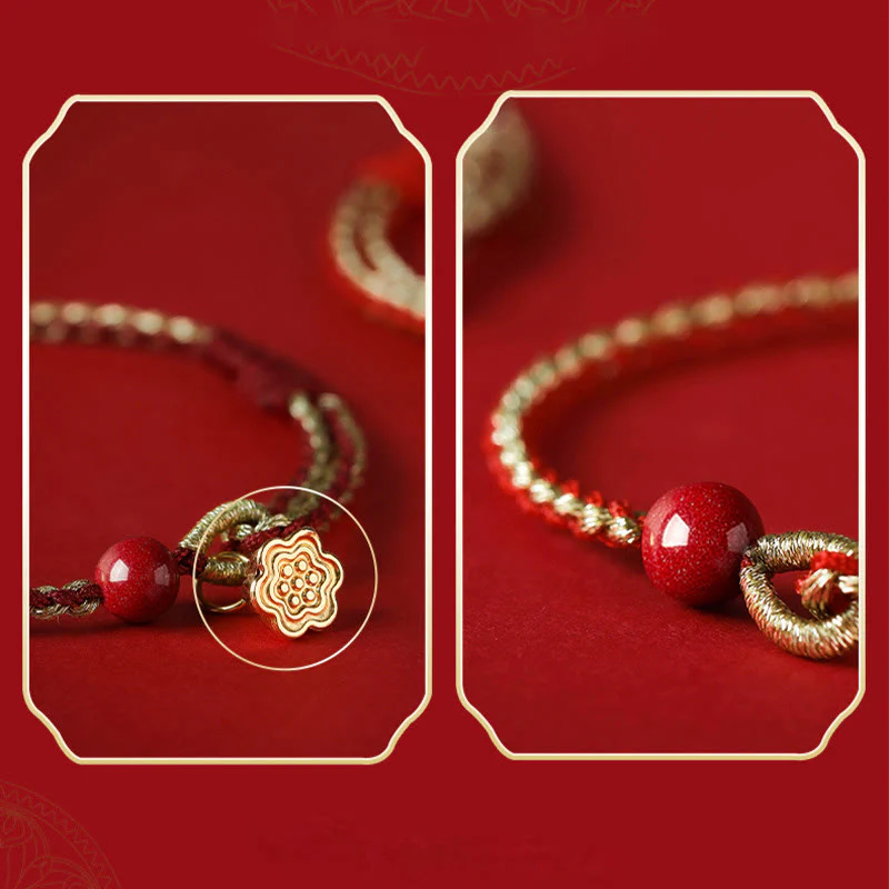 Buddha Stones Handmade 925 Sterling Silver Lotus Cinnabar Gold Bead Blessing Braid Bracelet