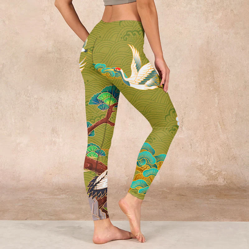 Buddha Stones Flying Cranes Auspicious Clouds Trees Print Gym Leggings Women's Yoga Pants