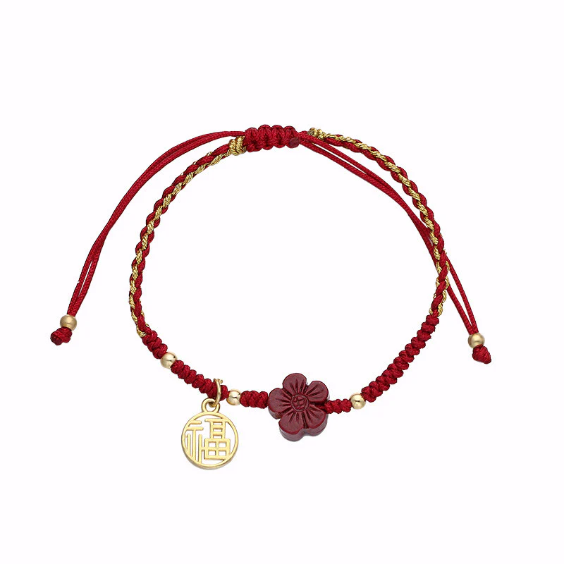 Buddha Stones Cinnabar Flower Fu Character Blessing Braided String Bracelet