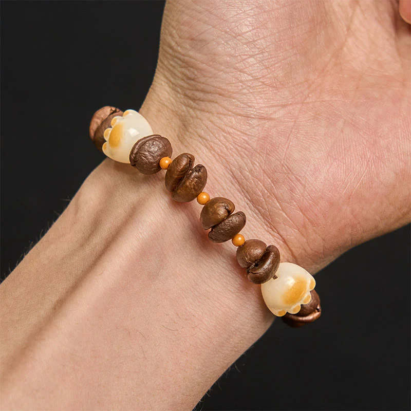 Buddha Stones Handmade Natural Coffee Beans Cat Head Bodhi Seed Claw Paw Peace Bracelet