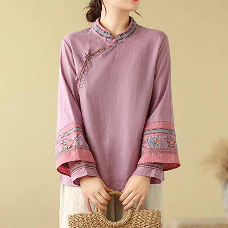 Buddha Stones Embroidered Slanted Buttons Cotton Linen Women's Shirt
