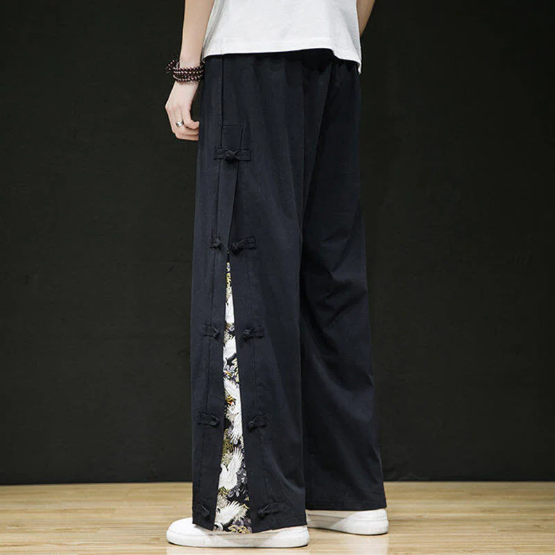 Buddha Stones Casual Patchwork Crane Pattern Frog-Button Design Men's Wide Leg Pants With Pockets