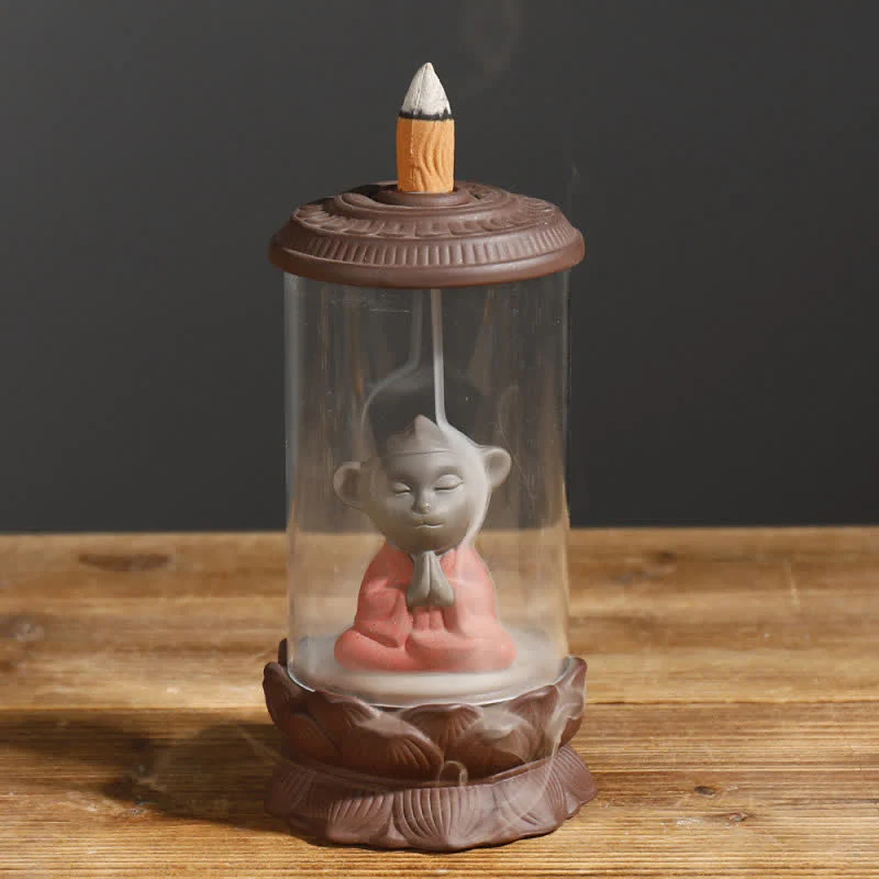 Buddha Stones Meditation Wukong Monkey King Purple Clay Windshield Lotus Backflow Smoke Fountain Incense Burner Decoration