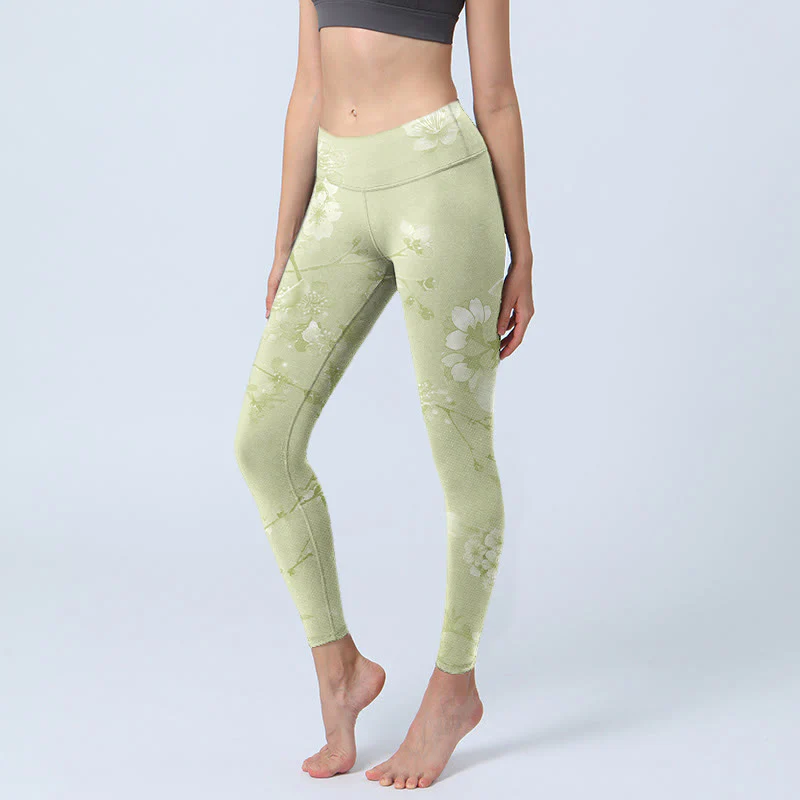 Buddha Stones White Plum Blossoms Print Gym Leggings Women's Yoga Pants