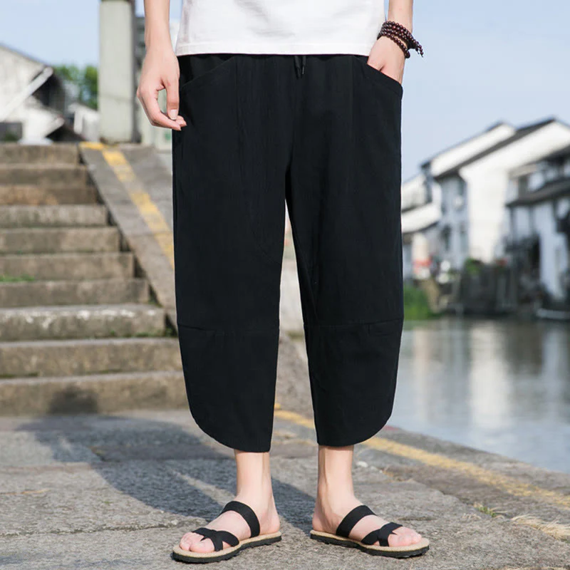 Buddha Stones Summer Casual Simple Plain Tapered Design Drawstring Men's  7-8 Length Cotton Linen Pants With Pockets