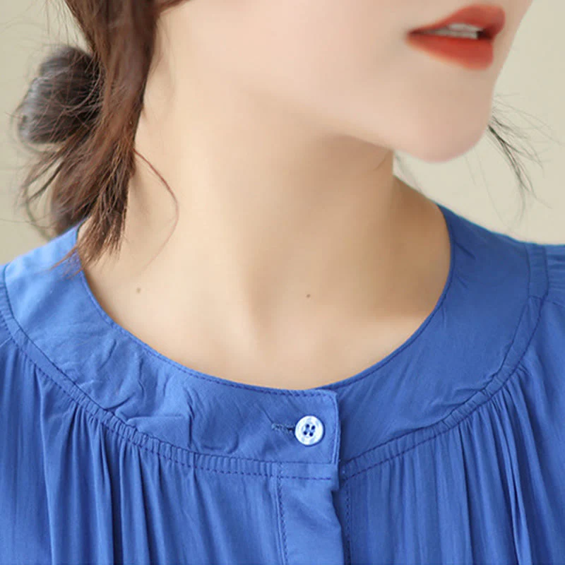 Buddha Stones Casual Plain Crew Neck Pleated Polyester Midi Dress With Pockets