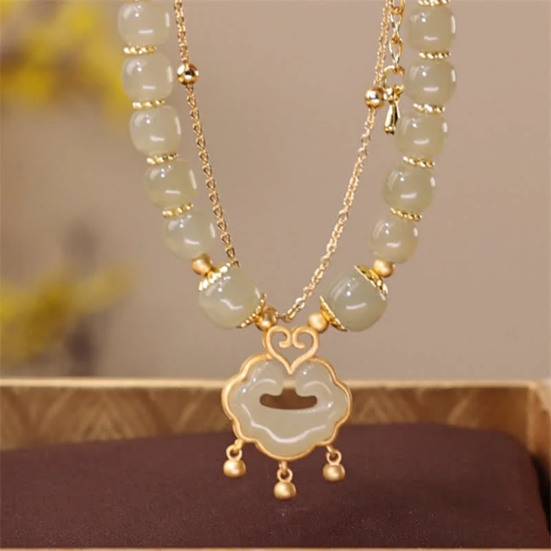 Buddha Stones 14K Gold Plated Natural Hetian Jade Wish Lock Bell Chain Bracelet
