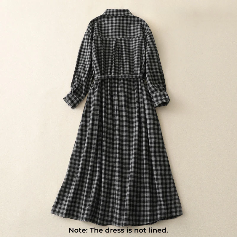 Buddha Stones Black Lace-Up Design Plaid Lapel Cotton Linen Midi Dress With Pockets