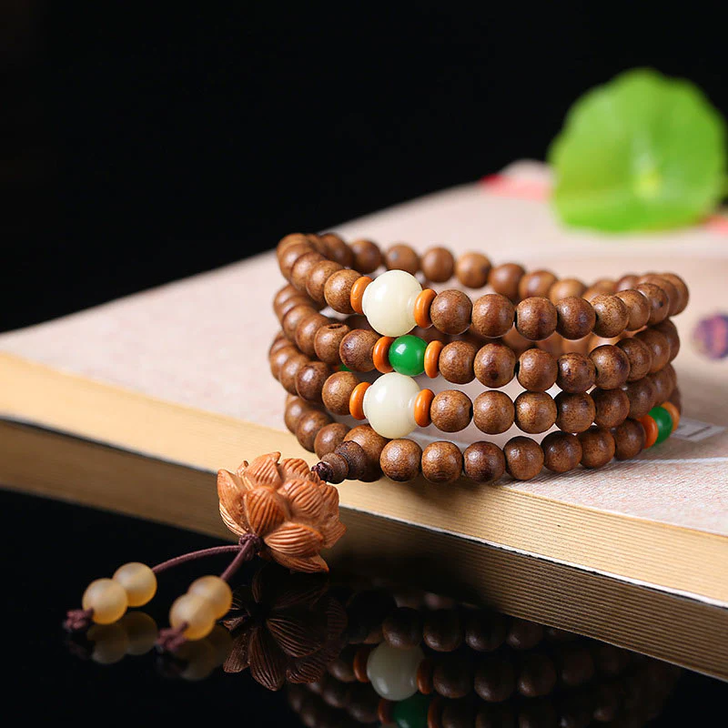 Buddha Stones 108 Mala Beads Peach Wood Bodhi Seed Lotus Prayer Meditation Bracelet