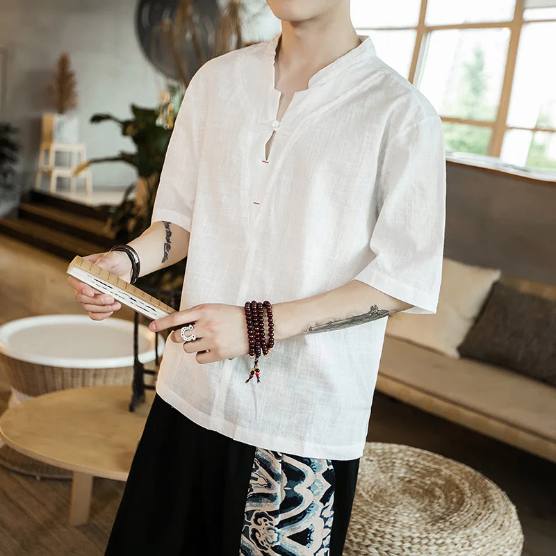 Buddha Stones Summer Plain Color Frog-Button Notched Neck Men's Half Sleeve Cotton Shirt