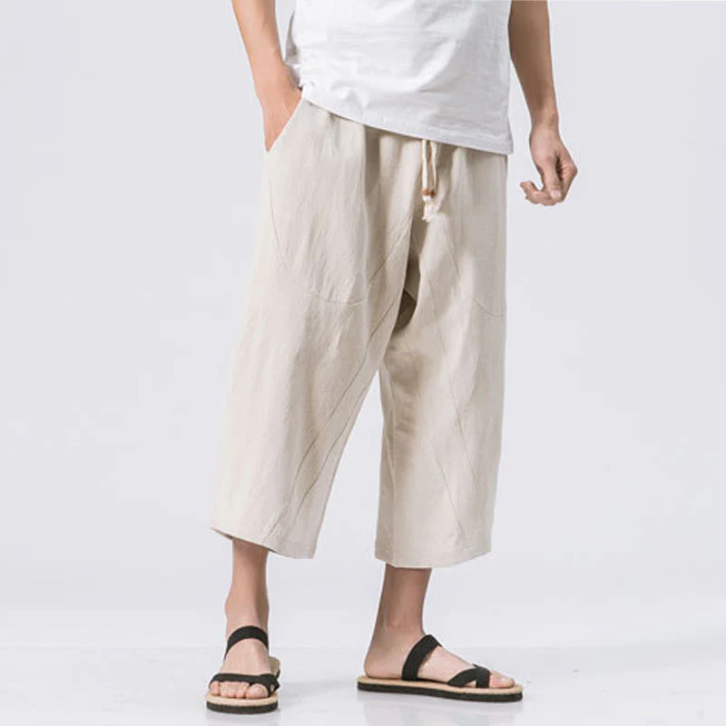 Buddha Stones Summer Casual Simple Plain Design 7-8 Length Men's Cotton Linen Drawstring Pants With Pockets