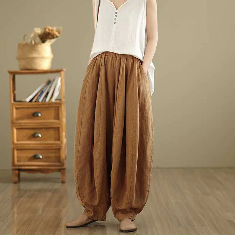 Buddha Stones Spring Casual Simple Design Women's Cotton Linen Harem Pants With Pockets