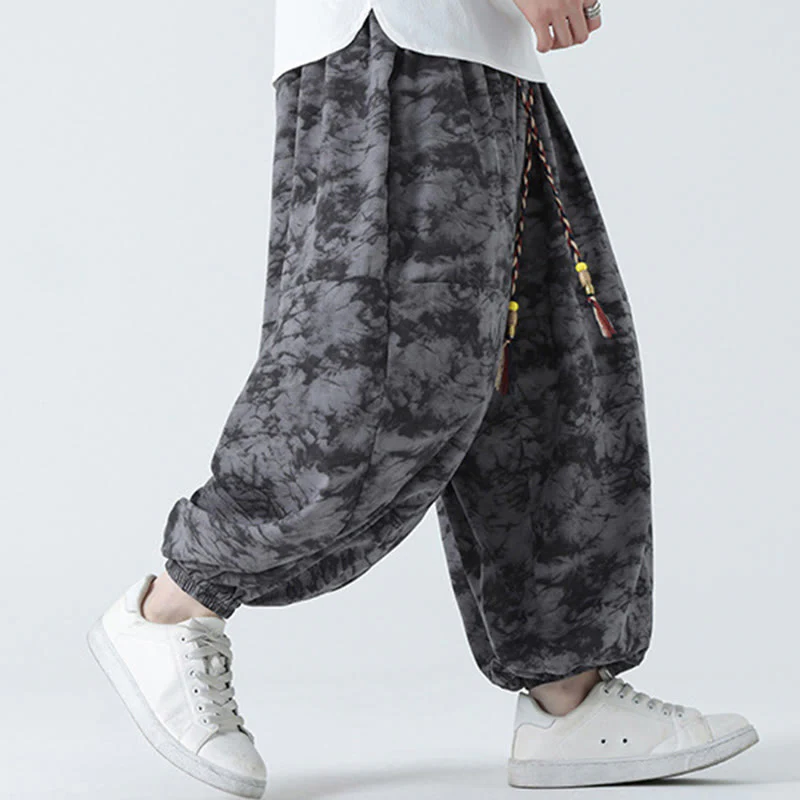 Buddha Stones Retro Casual Drawstring Design Floral Pattern Men's Harem Pants With Pockets