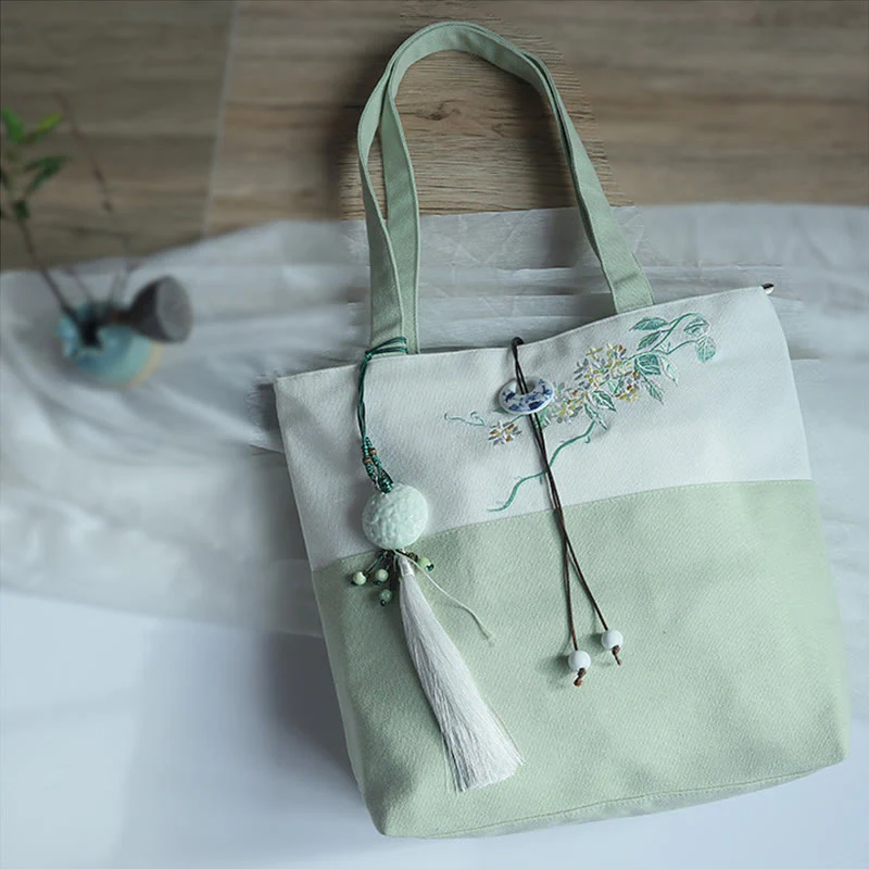 Buddha Stones Pear Flower Plum Peach Blossom Bamboo Embroidery Canvas Large Capacity Shoulder Bag Tote Bag