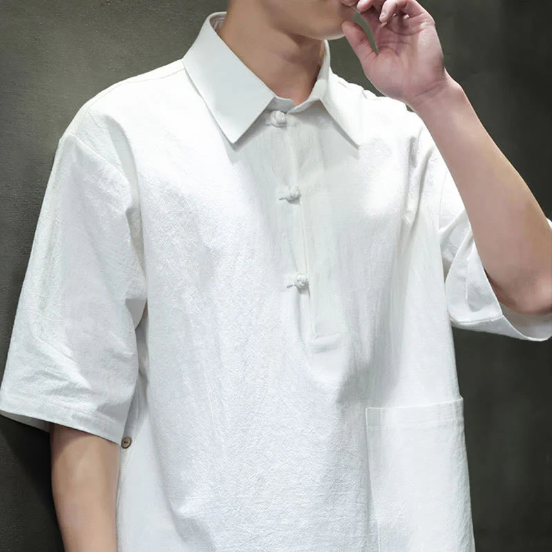 Buddha Stones Commute Plain Half Buttons Design Men's Cotton Linen Shirt With Pocket