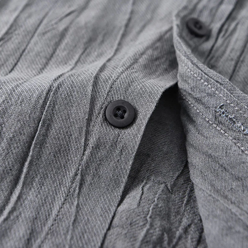 Buddha Stones Retro Pleats Buttons Men's Long Sleeve Ramie Linen Shirt With Pockets